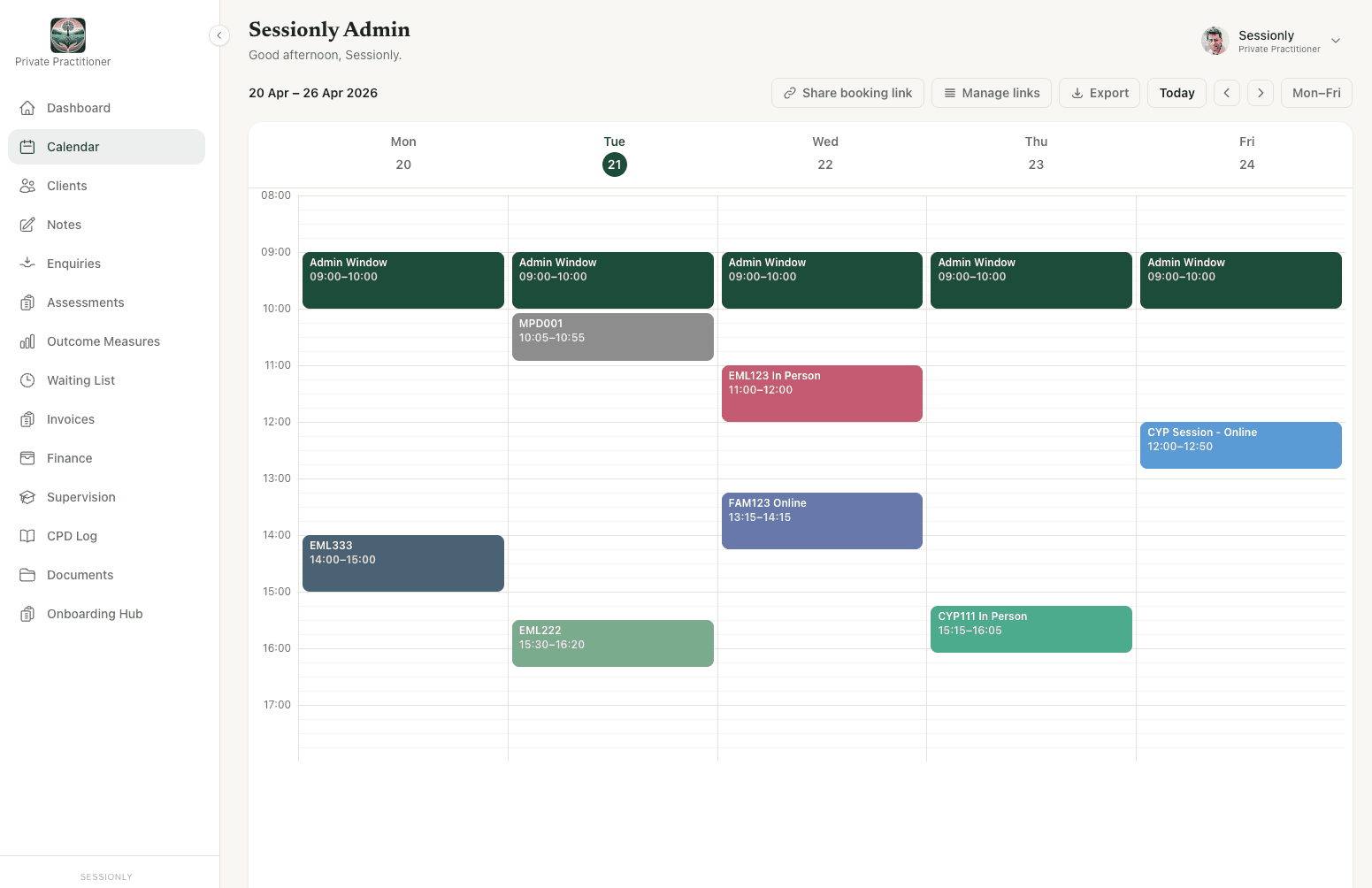 Sessionly week-view calendar showing scheduled therapy sessions for a UK private practice