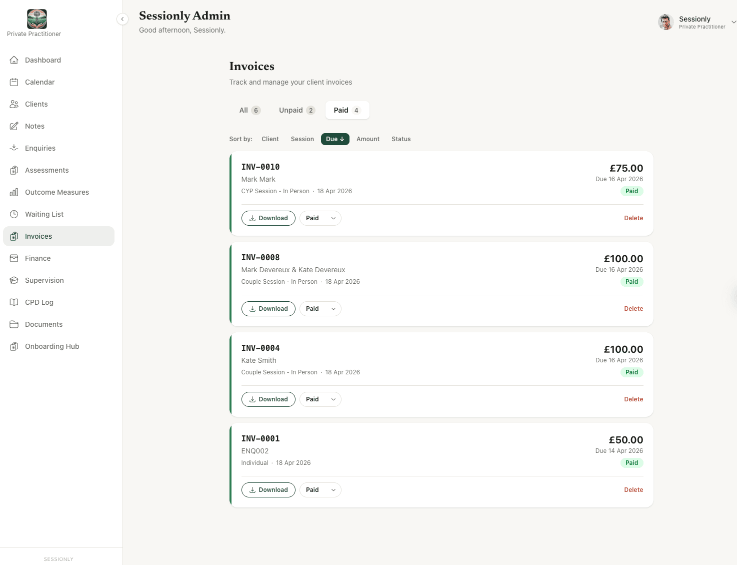 Sessionly invoice list showing unpaid, paid, and overdue invoices with automated reminders