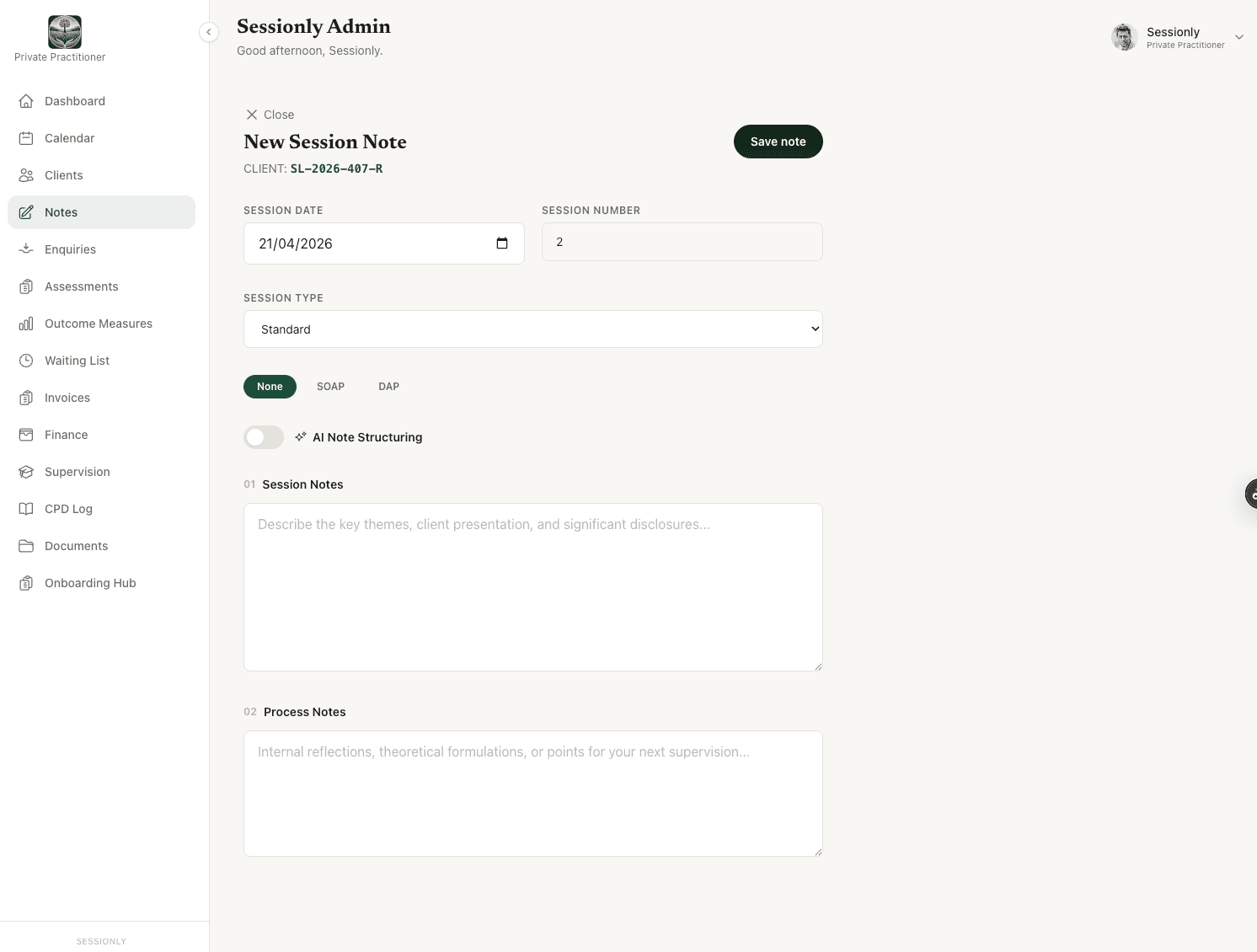 Sessionly note editor showing session notes and process notes fields with session type and template options